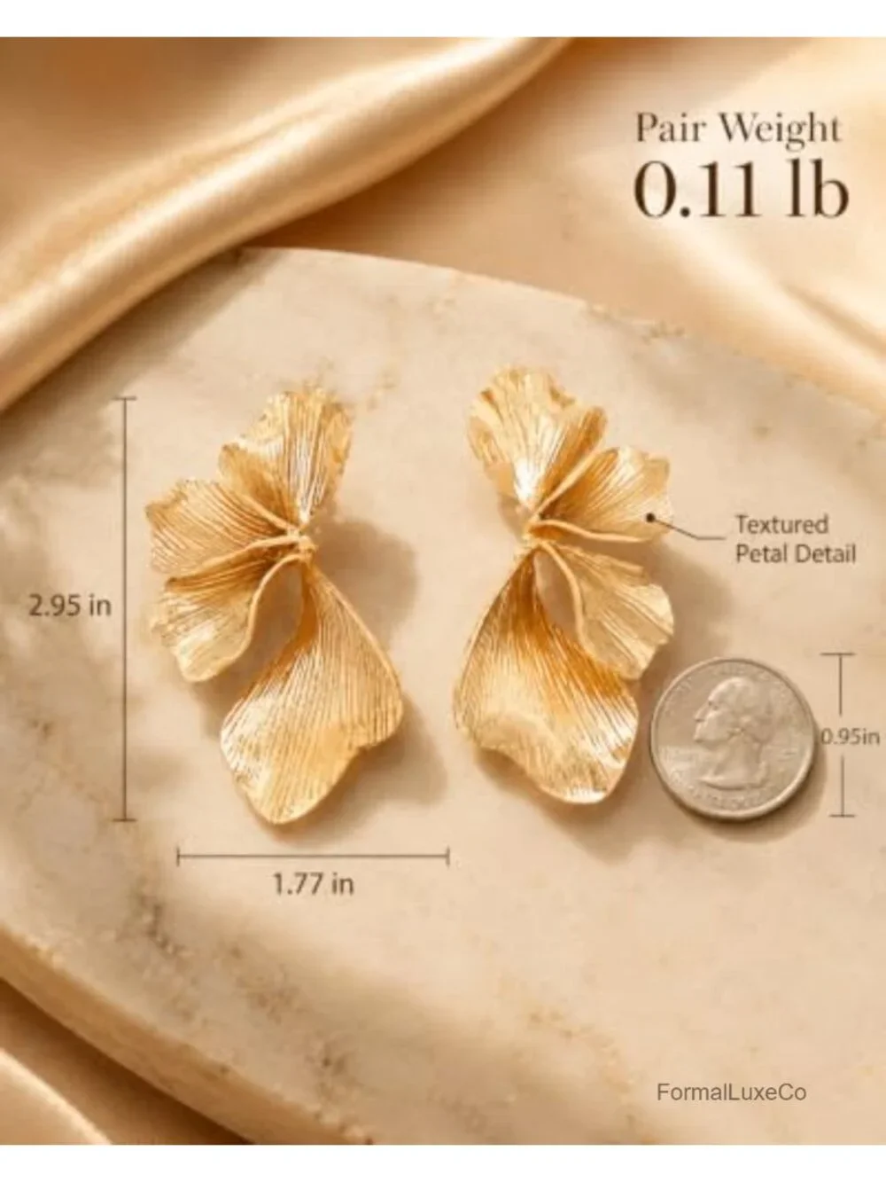 18K Gold Plated Large Floral Drop Earrings Textured Statement Jewelry